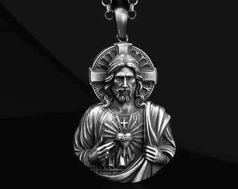 Sacred Heart Of Jesus 925k Sterling Silver Pendant, Religious Pendant For Men, Large Jesus Pendant Jesus Medallion Necklace Gifts for Dad