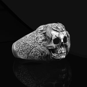 Handmade Oxidized Sterling Silver Memento Mori Skull Ring: Biker Gothic Jewelry