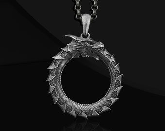 Sterling Silver Ouroboros Eating Its Own Tail Necklace For Men, Oxidized Dragon Pendant, Large Dragon Necklace, Silver Mythical Pendant Gifs
