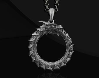 Oxidized Sterling Silver Ouroboros Dragon Pendant Necklace