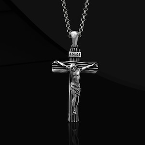 Sterling Silver Crucifix Cross Necklace for Him, Inri Jesus Christ Crucifix Silver Necklace, Silver Jesus Accessory, Cross gifts for dad