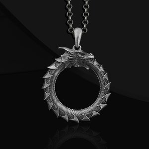 Sterling Silver Ouroboros Eating Its Own Tail Necklace For Men, Oxidized Dragon Pendant, Large Dragon Necklace, Silver Mythical Pendant Gifs