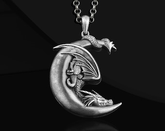 Handmade Sterling Silver Moon Dragon Necklace: Personalized Dragon Head Charm