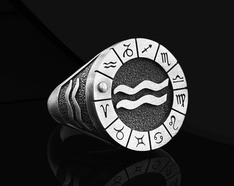 Anillo de signo del zodíaco de Acuario para hombres, anillo de sello meñique del zodíaco en plata de ley, anillo de astrología para marido, anillo del horóscopo para regalo de cumpleaños