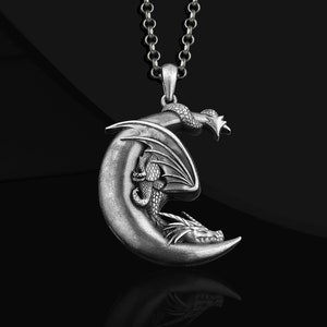 Handmade 925 Sterling Silver Moon Dragon Men Necklace, Personalized Dragon head Necklace, Dragon Charm Necklace, Moon Dragon Necklace