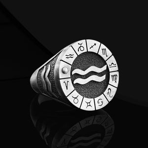 Pierścień zodiaku Wodnik dla mężczyzn, pierścień zodiaku Pinky Signet ze srebra próby 925, pierścień astrologiczny dla męża, pierścień horoskopowy na prezent urodzinowy