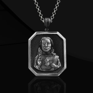 Handmade Oxidized Sterling Silver Sacred Heart of Jesus Pendant Necklace