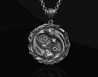 Japanese Koi Fish Yin Yang Design Pendant: Oxidized Sterling Silver Carp Pisces Locket Necklace