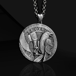 Viking Medallion Sterling Silver Necklace with Raven and Axe, Norse Runes Necklace For Boyfriend, Scandinavian Oxidized Necklace For Family