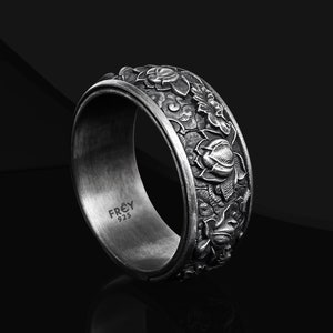 Japanese Lotus Flower Kanji Ornamental Wedding Men's Band Ring, Lotus Flower Kanji Men Ring, Ring For Men, Lotus Flower Ring Christmas gifts