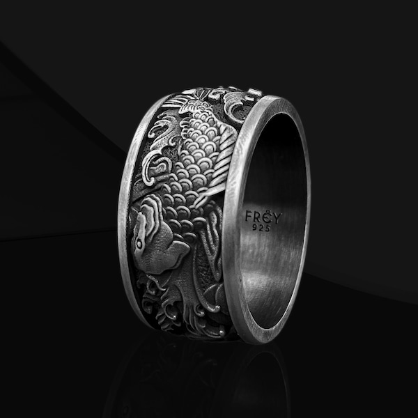 Alliance japonaise en argent sterling 925 pour homme, carpe et vagues, motifs japonais, bague en argent pour homme, cadeau alliance pour homme