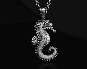 Collar de caballito de mar en plata de ley 925 hecho a mano: joyería náutica con temática marina, regalo submarino.