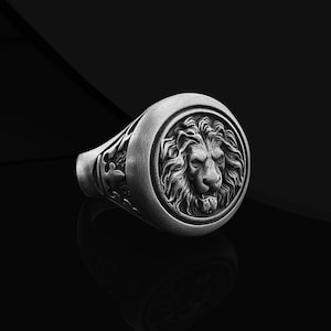 925 スターリングシルバー ライオン シグネット メンズ リング、ユニークなシルバー ライオン メンズ リング、酸化ライオン リング、シルバー ライオン ヘッド メンズ リング 夫へのギフト