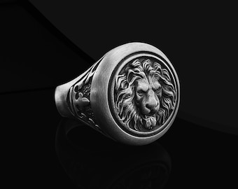 Oxidized Sterling Silver Lion Signet Ring - Handmade Men's Jewelry