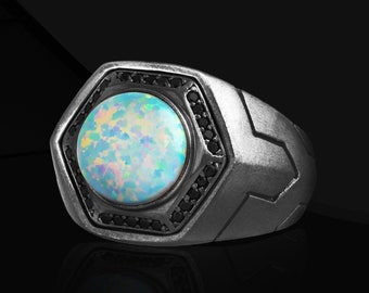 Mens Opal Gemstone 925 Sterling Silver Signet Ring