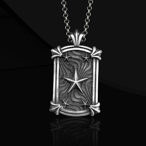 Sirius Star Man 925 Sterling Silver Dog Tag Necklace, Stylish Oxidized Silver Chain Star Dog Tag,  Birthday Gift for Boyfriend or Husband