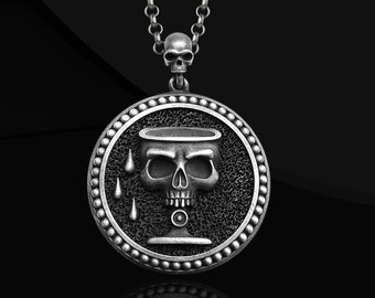 Aquarius Memento Mori Coin Necklace in Silver, Skull Zodiac Necklace For Best Friend, Goth Astrology Necklace, Punk Horoscope Necklace