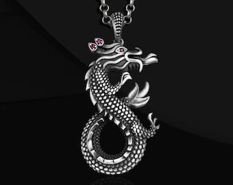 Sterling Silver Dragon Necklace: Oxidized Chinese Dragon Pendant