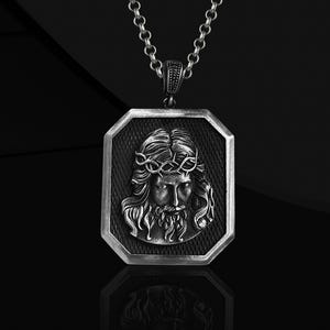 Oxidized Sterling Silver Jesus Medallion Necklace - Christian Catholic Jewelry