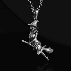 Sterling Silver Witch on Broomstick Necklace - Gothic Wiccan Jewelry
