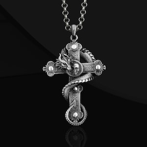 Drachen Kreuz Silber Anhänger Christian Accessoire Geschenk Schmuck Religiöse Halskette Graduierung, Jahrestag, Geburtstagsgeschenk für Sie, Ihn Unisex