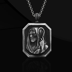 Oxidized Sterling Silver Good Shepherd Necklace: Christian Religious Pendant