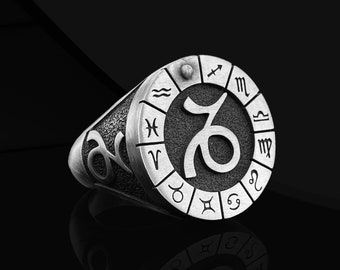 Capricorn Engraved Zodiac Sign Ring, Oxidized Pinky Signet Ring For Men in Silver, Astrology Ring For Husband, Horoscope Ring For Birthday