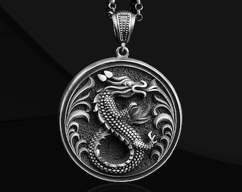 Sterling Silver Chinese Dragon Necklace, Oxidized Silver Pendant