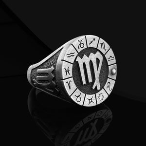 Virgo Zodiac Sign Mens Silver Ring Gift for Him, Oxidized Zodiac Pinky Signet Ring For Men, Virgo Jewelry, Horoscope Ring For Birthday Gift