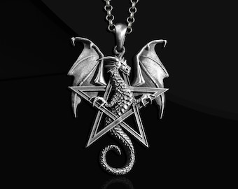 Mens Oxidized Sterling Silver Dragon Pendant Necklace