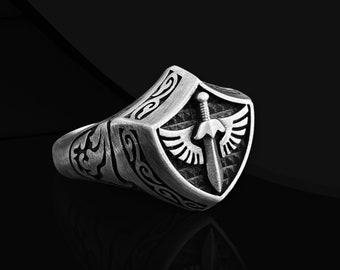 Sterling Silver Knight Ring: Oxidized Sword Shield Signet