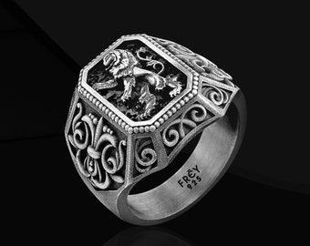 Anillo de león de plata esterlina hecho a mano: joyería escocesa con león rampante