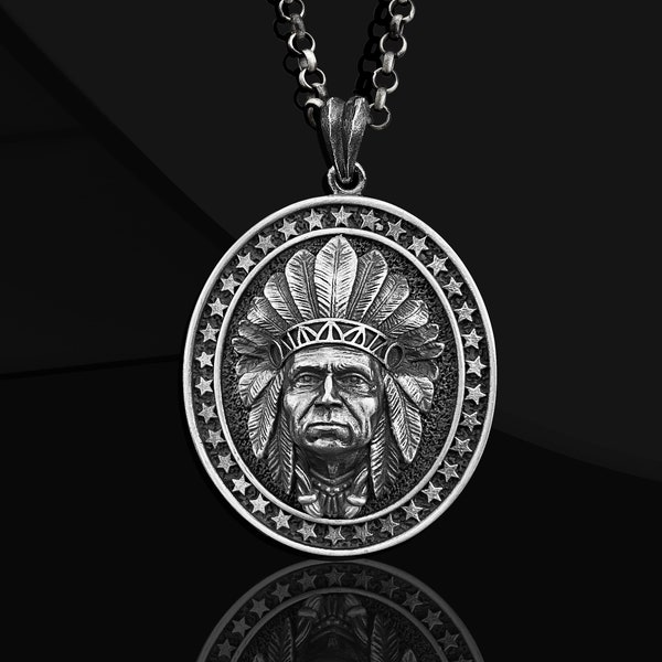 American Indian Chief Handmade Sterling Silver Men Necklace, Native American Chief Silver Pendant with Chain, Indian Warrior Gift for Men