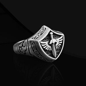 Sterling Silver Knight Ring For Man, Mens Sword Shield Unique Ring, Masculine Mens Shield Ring, Stylish Sterling Silver Knight Ring for Men