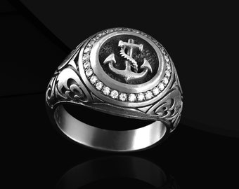 Sterling Silver Anchor Signet Ring: Zircon Stone Seal Ring for Men