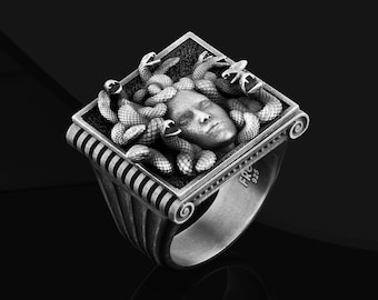 Anillo de Medusa y Gorgona: joyería gótica de plata de ley 925