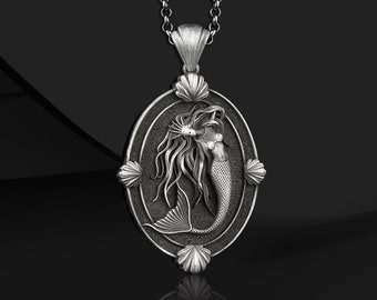 Mermaid Siren Charm Oxidized Silver Necklace, Anchor Mermaid Pendant,  Mermaid Jewelry Necklace, Siren Jewelry Special Gift For Girlfriend