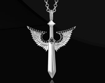 Oxidized 925 Sterling Silver Angel Winged Sword Necklace