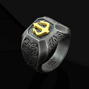 Poseidon Trident Cushion Seal Ring for Men, Silver Greek Mythology Jewelry, Greek Mythology Rings, Ancient Greece, Poseidon Minimalist Ring