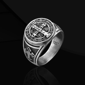 Saint Benedict Antique Silver Ring For Men, Unique Rings Saint Benedict Exorcism Ring, 925k Silver Men Signet Ring, Religious Rings for Him