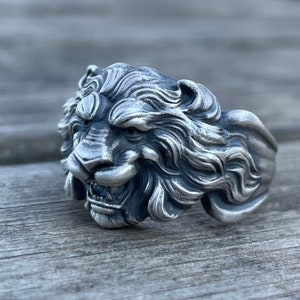 Anillos de hombre hechos a mano de plata oxidada de ley 925 con forma de león, anillo de hombre de plata esterlina único con cabeza de león, anillos de león del zodíaco, regalo para novio