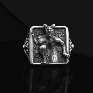 Hell Satan Baphomet Ring: Oxidized 925 Sterling Silver Goat Head, Satanic Pagan Jewelry