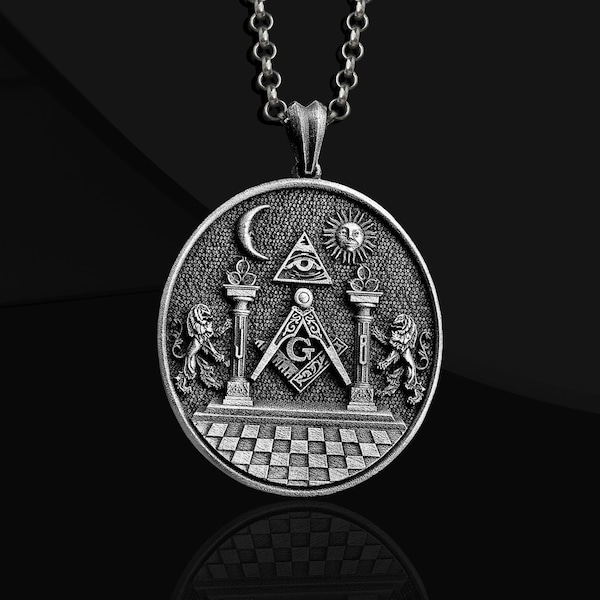 Sterling Silver Mens Masonic Necklace For Him, Oxidized Silver Master Mason Jewelry, Personalized Gift For Men, Freemason Necklace Gift