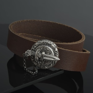 Oxidized Sterling Silver Brown Leather Bracelet: Sword & Skull Lock