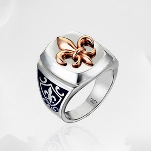 Mens Bague Fleur De Lys Homme Chevaliere Homme Fleur De Lys Anello con sigillo da uomo Uomo Anelli da mignolo placcato oro rosa per uomo Regalo in argento per uomo