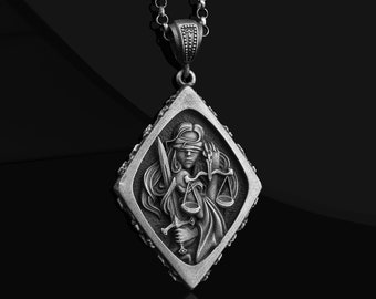 Themis Scales of Justice Handmade Silver Necklace, Oxidized Roman Goddess Law and Justice Pendant, Silver Themis Necklace Personalized gifts