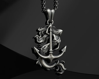 Mermaid Siren Charm Oxidized Silver Necklace, Anchor Mermaid Pendant,  Mermaid Jewelry Necklace, Siren Jewelry Special Gift For Girlfriend