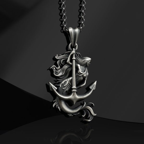 Mermaid Siren Charm Oxidized Silver Necklace, Anchor Mermaid Pendant,  Mermaid Jewelry Necklace, Siren Jewelry Special Gift For Girlfriend