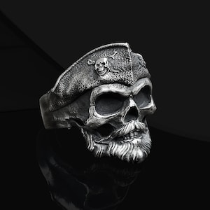 Handmade Oxidized Sterling Silver Pirate Skull Ring: Biker Jewelry