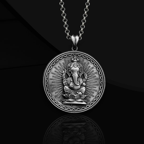Divine Ganesha Sterling Silver Coin Pendant - Mens Hindu Ganesha Necklace - Lord Ganesha Amulet Gift For Boyfriend, Ganesha Jewelry Gift